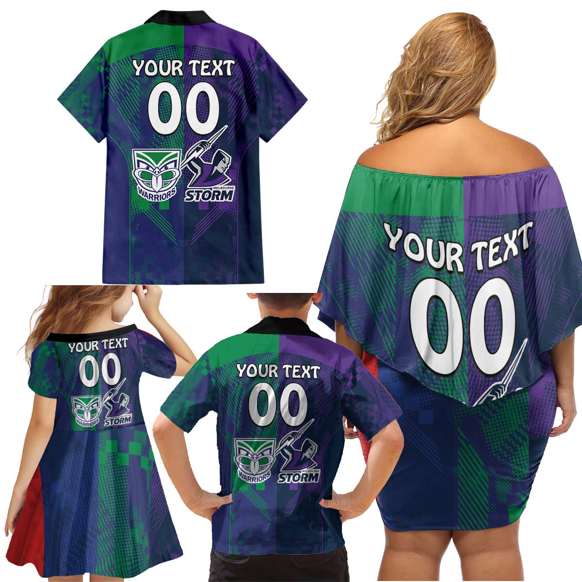 Custom Dragons-Cowboys Combine Storm-Warriors Family Matching Off Shoulder Short Dress and Hawaiian Shirt Sport Style Version 02