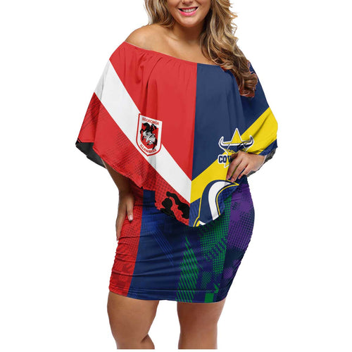 Custom Dragons-Cowboys Combine Storm-Warriors Family Matching Off Shoulder Short Dress and Hawaiian Shirt Sport Style Version 02