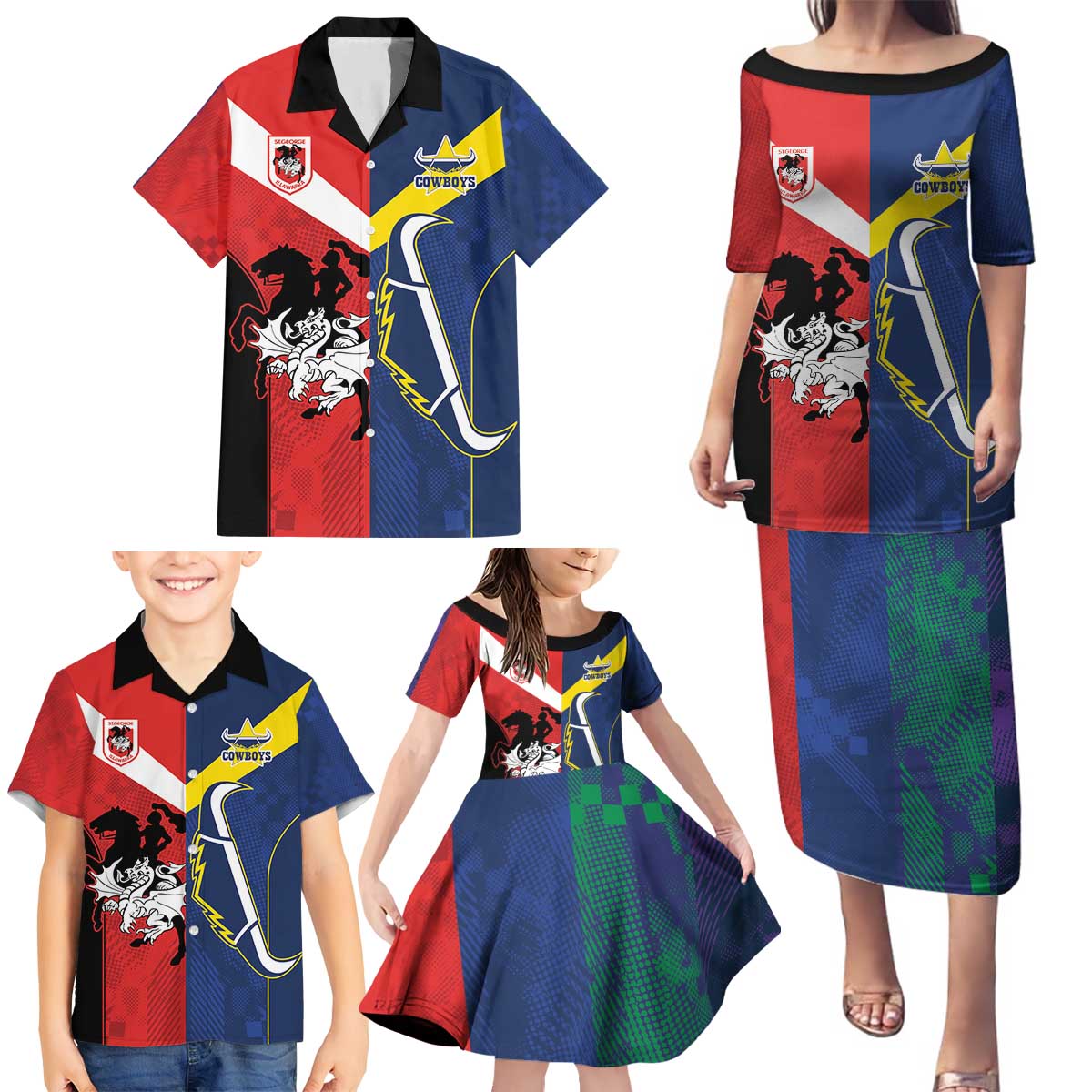 Custom Dragons-Cowboys Combine Storm-Warriors Family Matching Puletasi and Hawaiian Shirt Sport Style Version 02