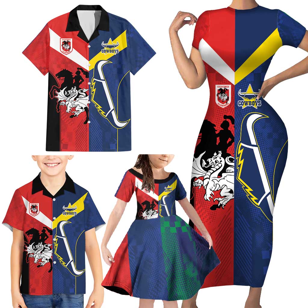 Custom Dragons-Cowboys Combine Storm-Warriors Family Matching Short Sleeve Bodycon Dress and Hawaiian Shirt Sport Style Version 02