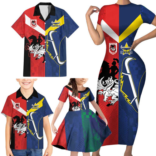 Custom Dragons-Cowboys Combine Storm-Warriors Family Matching Short Sleeve Bodycon Dress and Hawaiian Shirt Sport Style Version 02