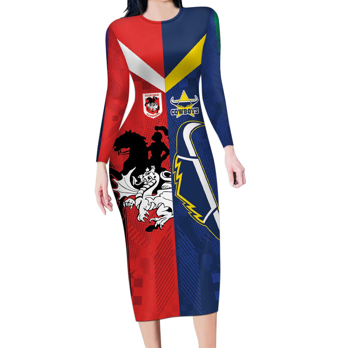 Custom Dragons-Cowboys Combine Storm-Warriors Long Sleeve Bodycon Dress Sport Style Version 02