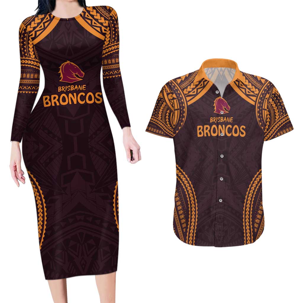 Custom Broncos Rugby Couples Matching Long Sleeve Bodycon Dress and Hawaiian Shirt With Polynesian Style