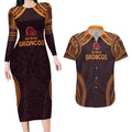 Custom Broncos Rugby Couples Matching Long Sleeve Bodycon Dress and Hawaiian Shirt With Polynesian Style