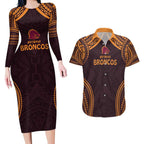 Custom Broncos Rugby Couples Matching Long Sleeve Bodycon Dress and Hawaiian Shirt With Polynesian Style