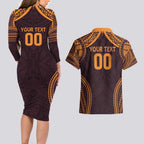 Custom Broncos Rugby Couples Matching Long Sleeve Bodycon Dress and Hawaiian Shirt With Polynesian Style