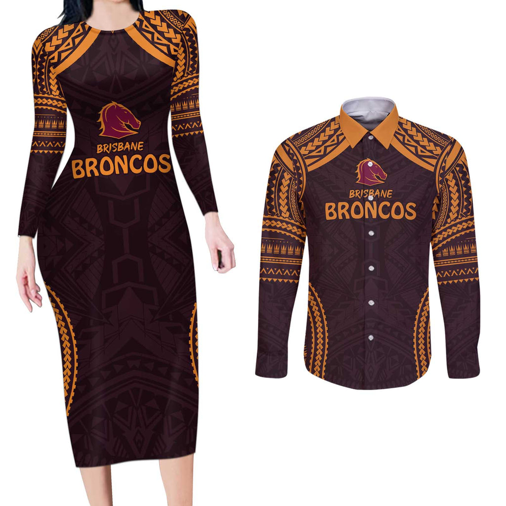 Custom Broncos Rugby Couples Matching Long Sleeve Bodycon Dress and Long Sleeve Button Shirt With Polynesian Style