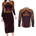 Custom Broncos Rugby Couples Matching Long Sleeve Bodycon Dress and Long Sleeve Button Shirt With Polynesian Style