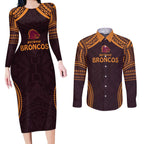 Custom Broncos Rugby Couples Matching Long Sleeve Bodycon Dress and Long Sleeve Button Shirt With Polynesian Style