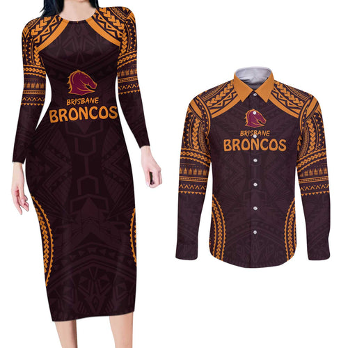 Custom Broncos Rugby Couples Matching Long Sleeve Bodycon Dress and Long Sleeve Button Shirt With Polynesian Style