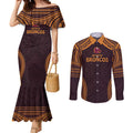 Custom Broncos Rugby Couples Matching Mermaid Dress and Long Sleeve Button Shirt With Polynesian Style
