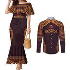 Custom Broncos Rugby Couples Matching Mermaid Dress and Long Sleeve Button Shirt With Polynesian Style