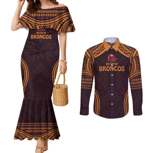 Custom Broncos Rugby Couples Matching Mermaid Dress and Long Sleeve Button Shirt With Polynesian Style