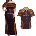 Custom Broncos Rugby Couples Matching Off Shoulder Maxi Dress and Hawaiian Shirt With Polynesian Style