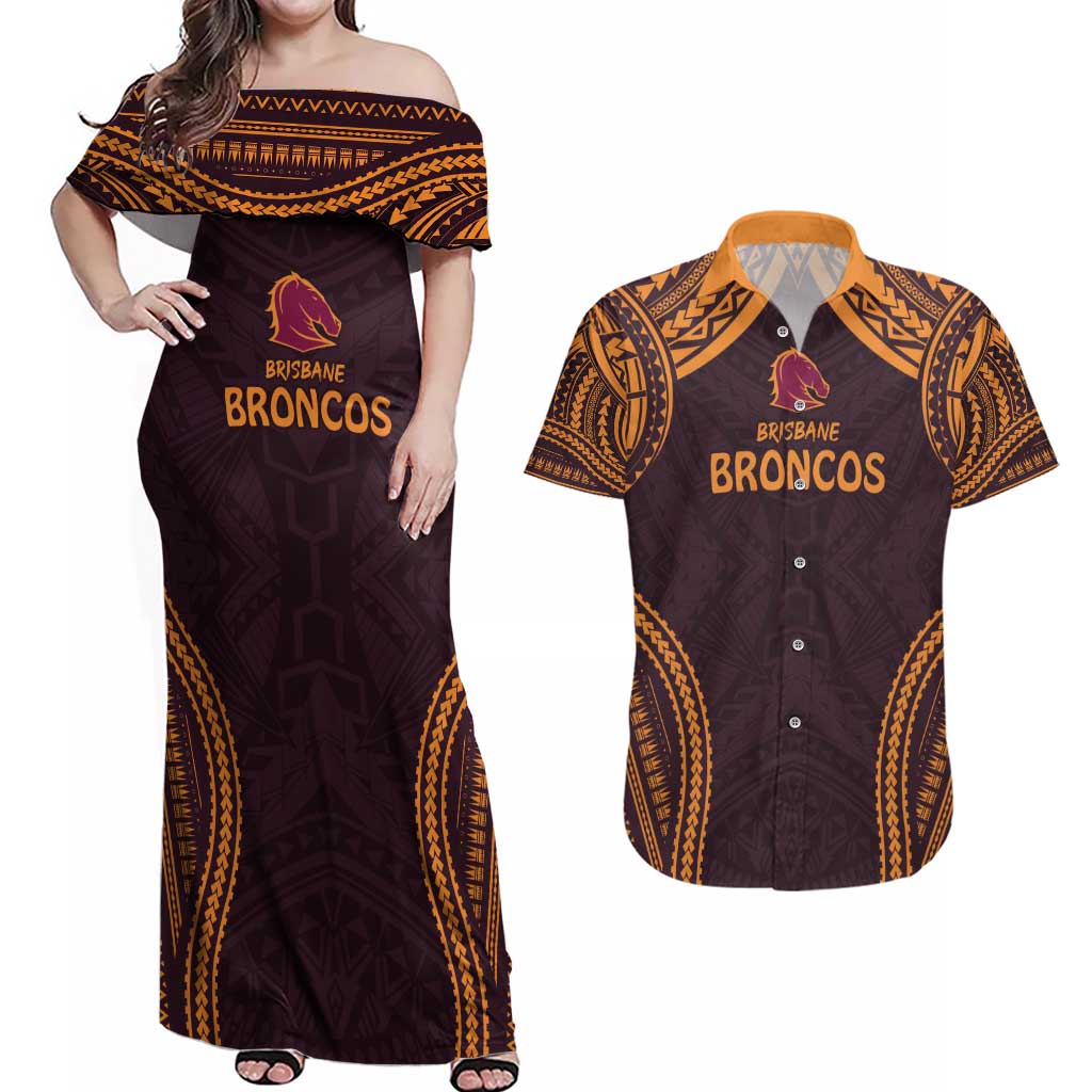 Custom Broncos Rugby Couples Matching Off Shoulder Maxi Dress and Hawaiian Shirt With Polynesian Style