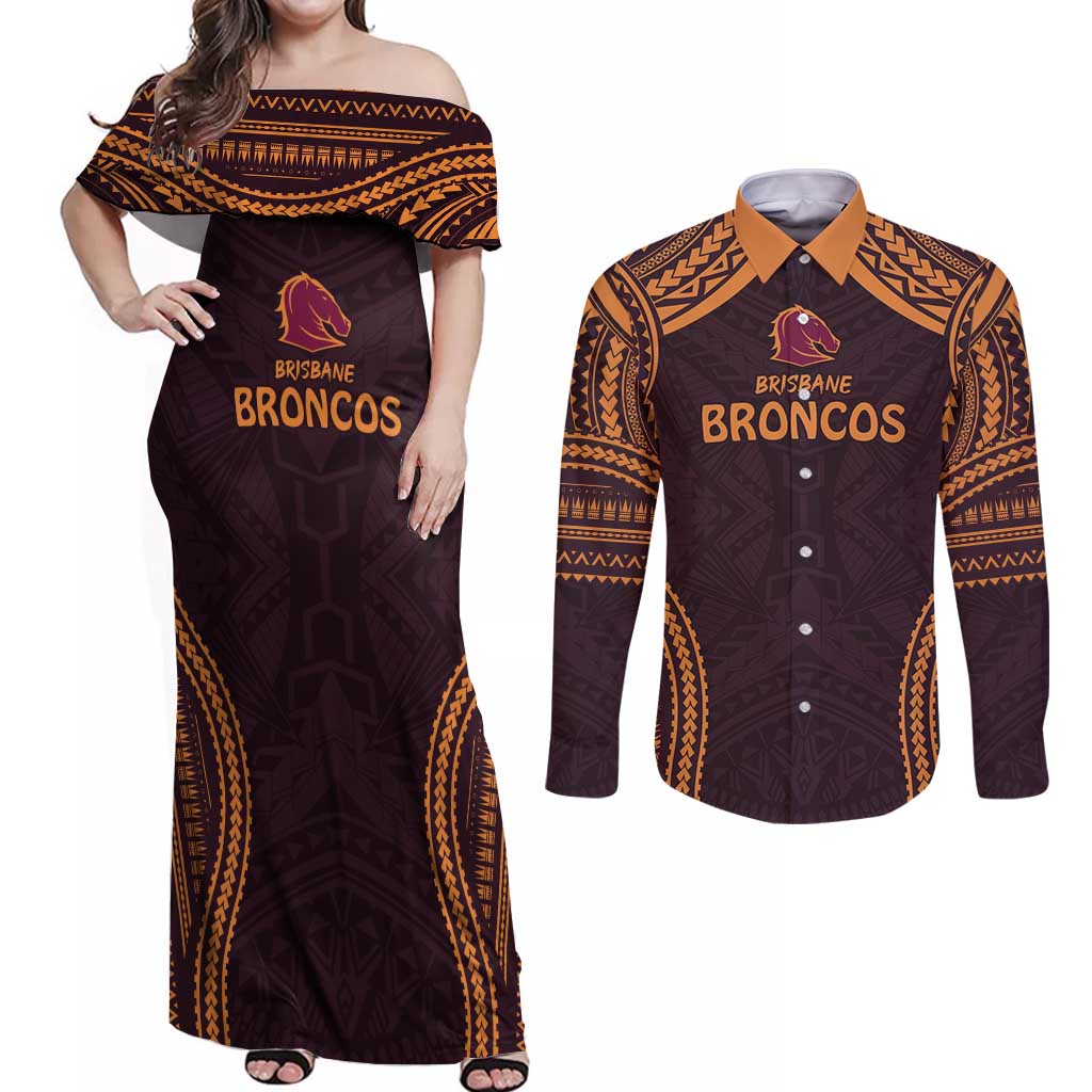 Custom Broncos Rugby Couples Matching Off Shoulder Maxi Dress and Long Sleeve Button Shirt With Polynesian Style