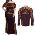 Custom Broncos Rugby Couples Matching Off Shoulder Maxi Dress and Long Sleeve Button Shirt With Polynesian Style