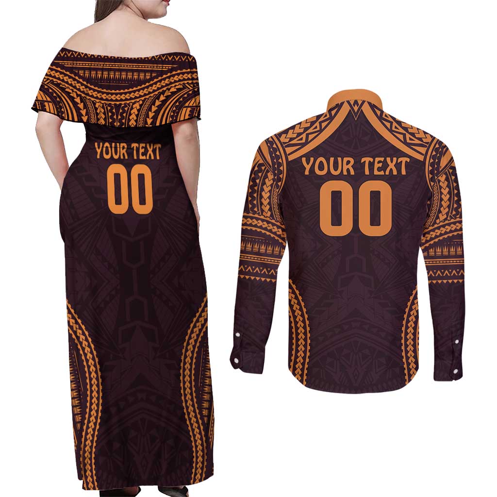 Custom Broncos Rugby Couples Matching Off Shoulder Maxi Dress and Long Sleeve Button Shirt With Polynesian Style