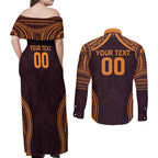 Custom Broncos Rugby Couples Matching Off Shoulder Maxi Dress and Long Sleeve Button Shirt With Polynesian Style