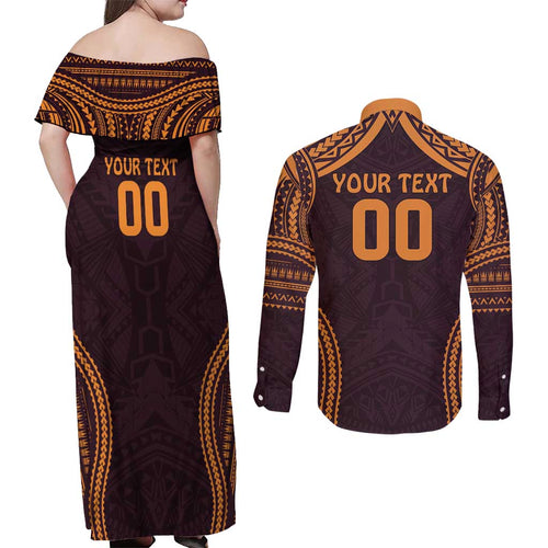 Custom Broncos Rugby Couples Matching Off Shoulder Maxi Dress and Long Sleeve Button Shirt With Polynesian Style