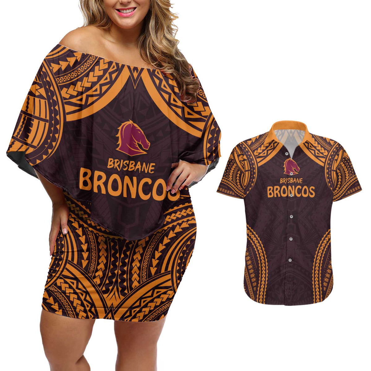 Custom Broncos Rugby Couples Matching Off Shoulder Short Dress and Hawaiian Shirt With Polynesian Style