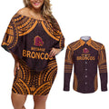Custom Broncos Rugby Couples Matching Off Shoulder Short Dress and Long Sleeve Button Shirt With Polynesian Style