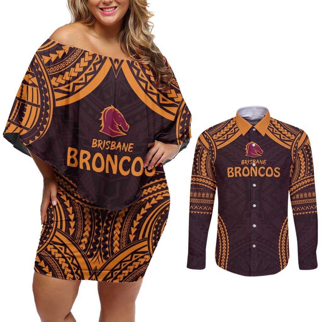 Custom Broncos Rugby Couples Matching Off Shoulder Short Dress and Long Sleeve Button Shirt With Polynesian Style