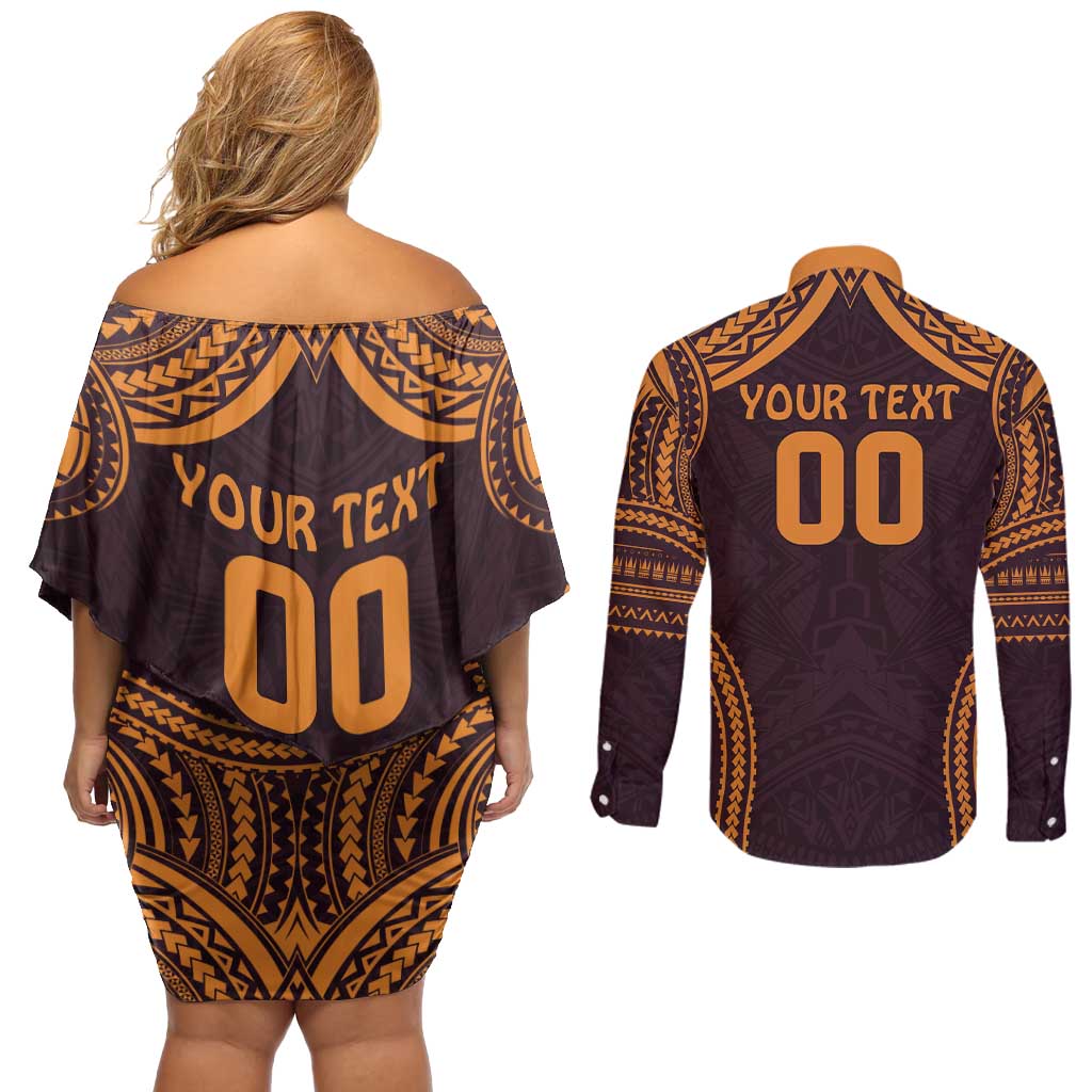 Custom Broncos Rugby Couples Matching Off Shoulder Short Dress and Long Sleeve Button Shirt With Polynesian Style