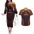 Custom Broncos Rugby Couples Matching Off The Shoulder Long Sleeve Dress and Hawaiian Shirt With Polynesian Style