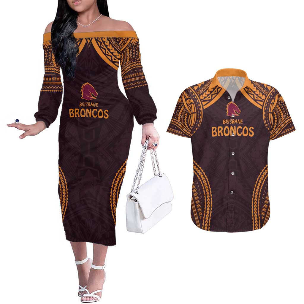 Custom Broncos Rugby Couples Matching Off The Shoulder Long Sleeve Dress and Hawaiian Shirt With Polynesian Style