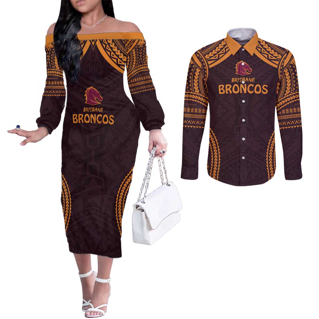 Custom Broncos Rugby Couples Matching Off The Shoulder Long Sleeve Dress and Long Sleeve Button Shirt With Polynesian Style