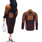 Custom Broncos Rugby Couples Matching Off The Shoulder Long Sleeve Dress and Long Sleeve Button Shirt With Polynesian Style