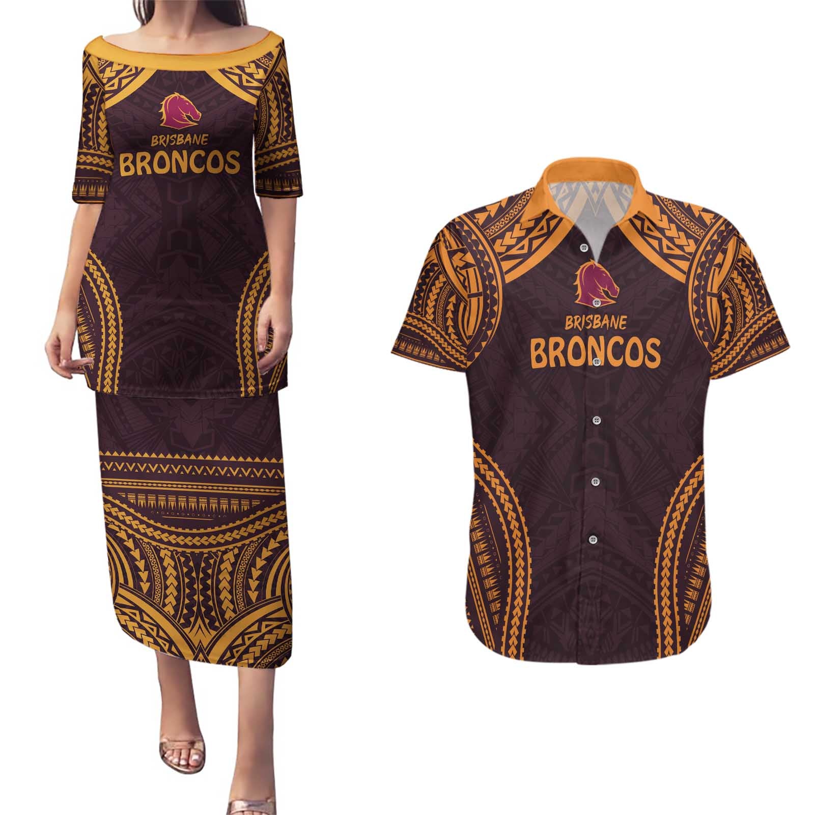 Custom Broncos Rugby Couples Matching Puletasi and Hawaiian Shirt With Polynesian Style