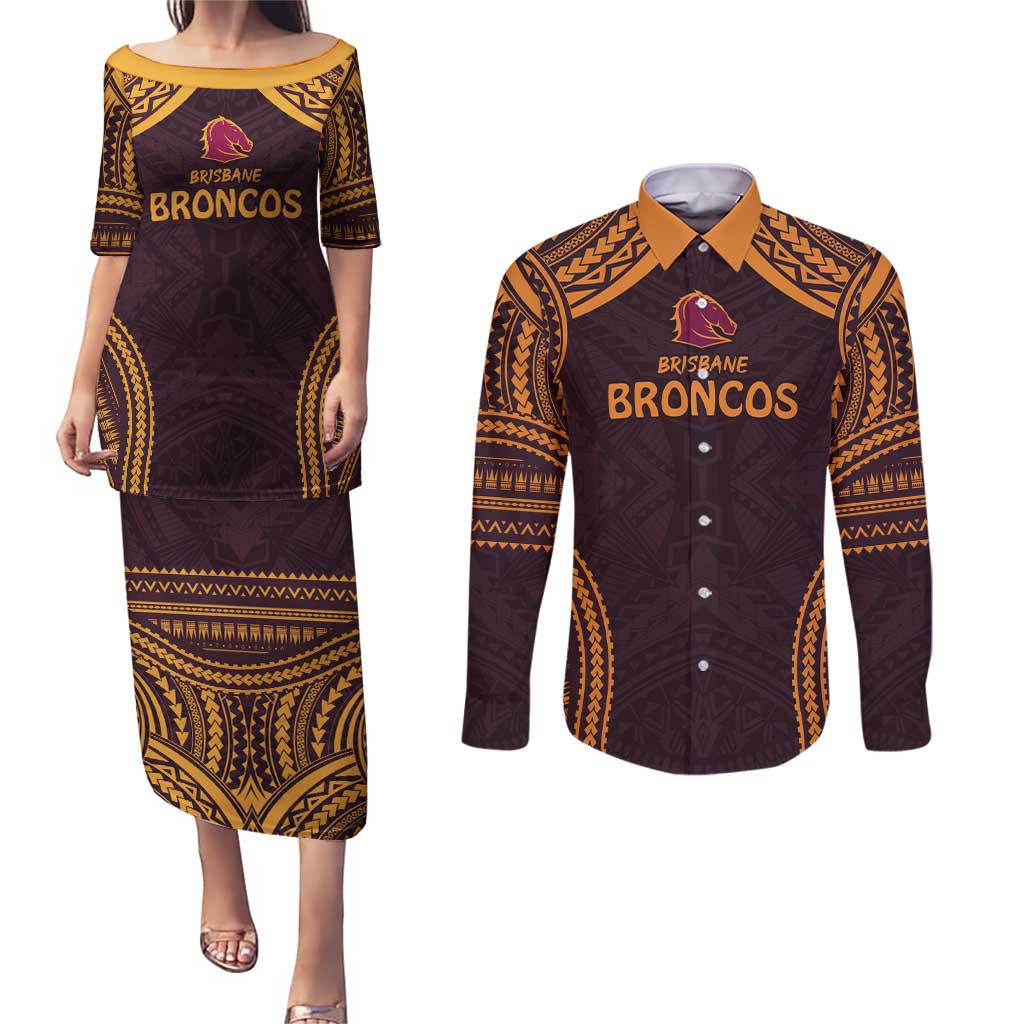 Custom Broncos Rugby Couples Matching Puletasi and Long Sleeve Button Shirt With Polynesian Style