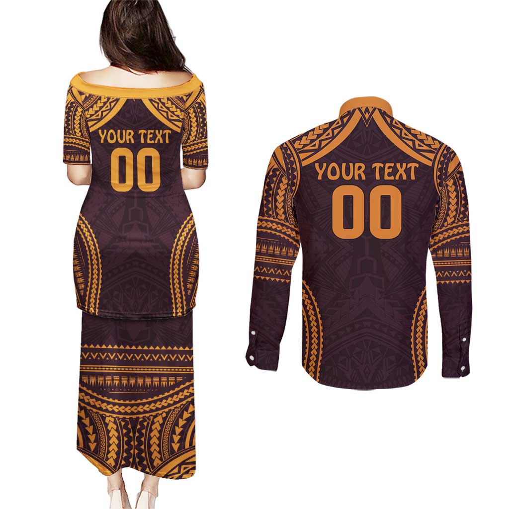 Custom Broncos Rugby Couples Matching Puletasi and Long Sleeve Button Shirt With Polynesian Style
