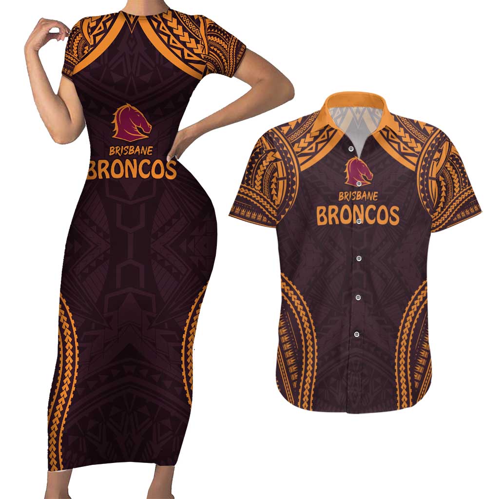 Custom Broncos Rugby Couples Matching Short Sleeve Bodycon Dress and Hawaiian Shirt With Polynesian Style