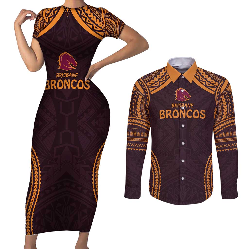 Custom Broncos Rugby Couples Matching Short Sleeve Bodycon Dress and Long Sleeve Button Shirt With Polynesian Style