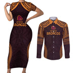Custom Broncos Rugby Couples Matching Short Sleeve Bodycon Dress and Long Sleeve Button Shirt With Polynesian Style