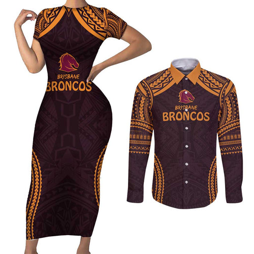 Custom Broncos Rugby Couples Matching Short Sleeve Bodycon Dress and Long Sleeve Button Shirt With Polynesian Style
