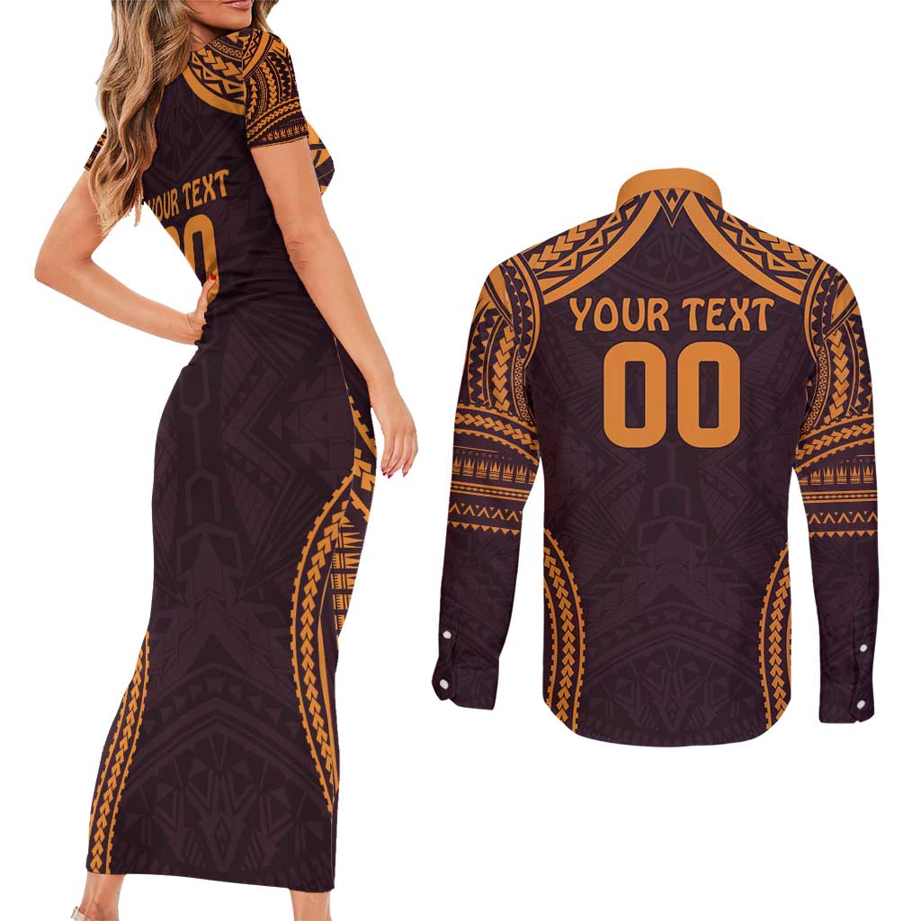 Custom Broncos Rugby Couples Matching Short Sleeve Bodycon Dress and Long Sleeve Button Shirt With Polynesian Style
