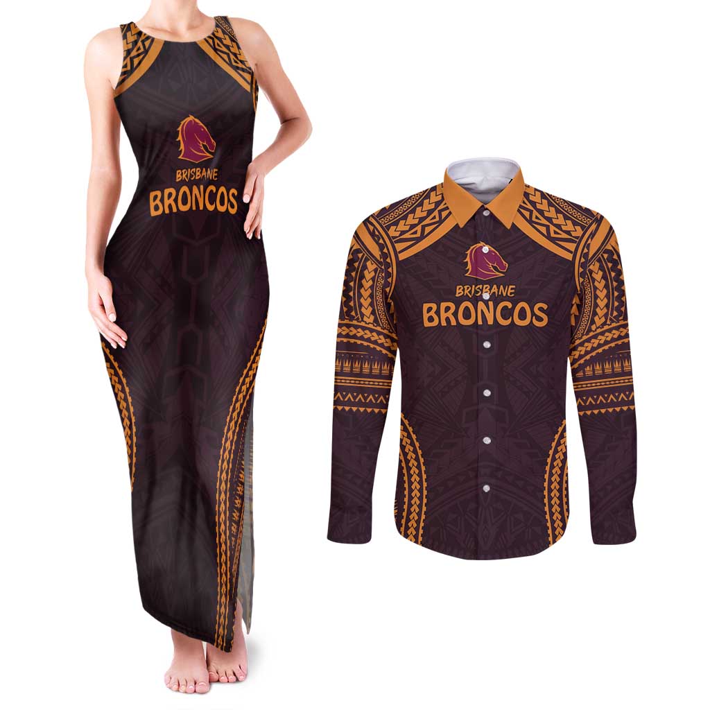 Custom Broncos Rugby Couples Matching Tank Maxi Dress and Long Sleeve Button Shirt With Polynesian Style