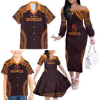 Custom Broncos Rugby Family Matching Off The Shoulder Long Sleeve Dress and Hawaiian Shirt With Polynesian Style
