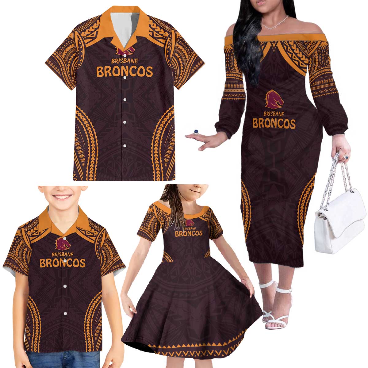 Custom Broncos Rugby Family Matching Off The Shoulder Long Sleeve Dress and Hawaiian Shirt With Polynesian Style