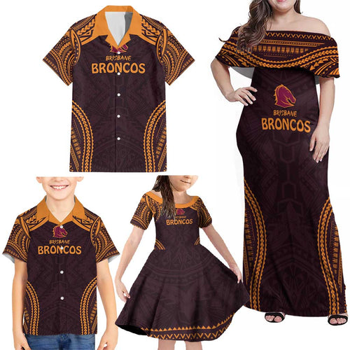 Custom Broncos Rugby Family Matching Off Shoulder Maxi Dress and Hawaiian Shirt With Polynesian Style