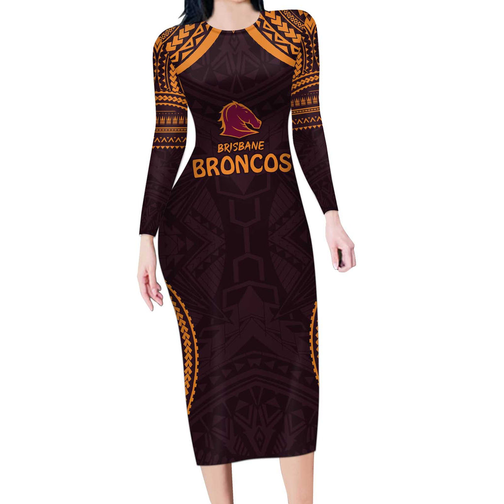 Custom Broncos Rugby Long Sleeve Bodycon Dress With Polynesian Style