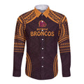 Custom Broncos Rugby Long Sleeve Button Shirt With Polynesian Style