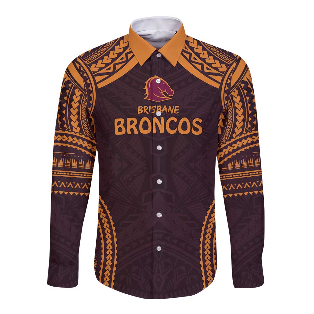 Custom Broncos Rugby Long Sleeve Button Shirt With Polynesian Style