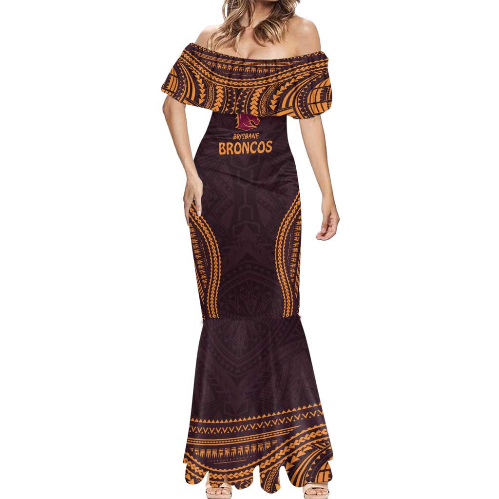 Custom Broncos Rugby Mermaid Dress With Polynesian Style