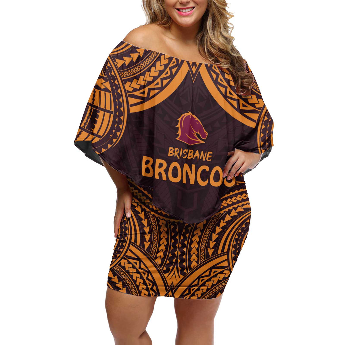 Custom Broncos Rugby Off Shoulder Short Dress With Polynesian Style