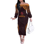 Custom Broncos Rugby Off The Shoulder Long Sleeve Dress With Polynesian Style